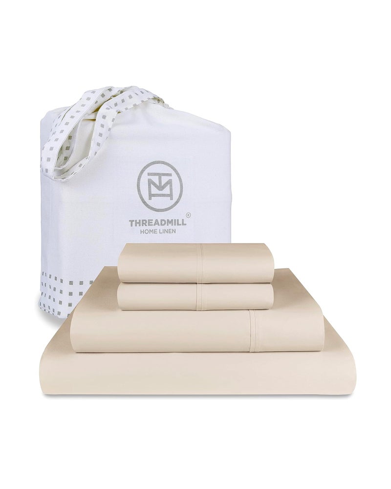 Threadmill ملاءات سرير فاخرة من Threadmill بكثافة 800 خيط كوين 100% من القطن - ملاءات سرير منسوجة من الساتان باللون البيج الفاتح أفضل من القطن المصري، مجموعة مفروشات ناعمة صلبة مكونة من 4 قطع تناسب جيبًا عميقًا مقاس 16 بوصة - Image 1